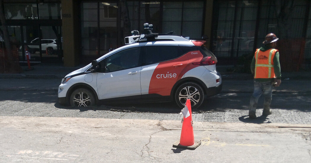 A self-driving car gets stuck in wet concrete in San Francisco